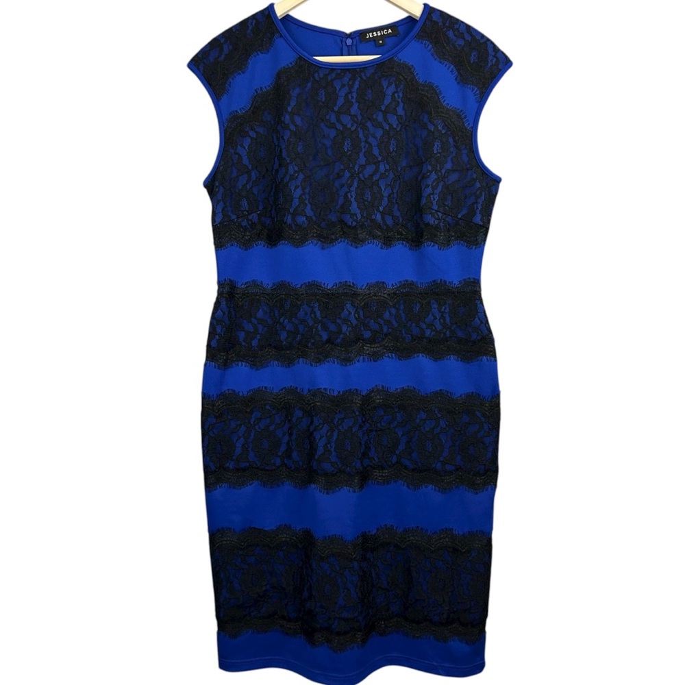 Jessica Blue and Black Lace-Overlay Midi Dress